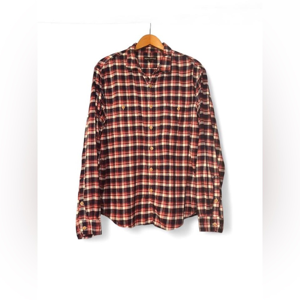 J Crew Mercantile Flannel Plaid Button Down Shirt Brick Navy Blue White Men XL